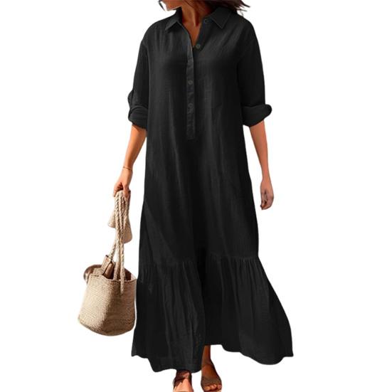 Vestido Camisa de Algodão Linho Feminino Manga Longa Decote V Botões Vestido Maxi Casual