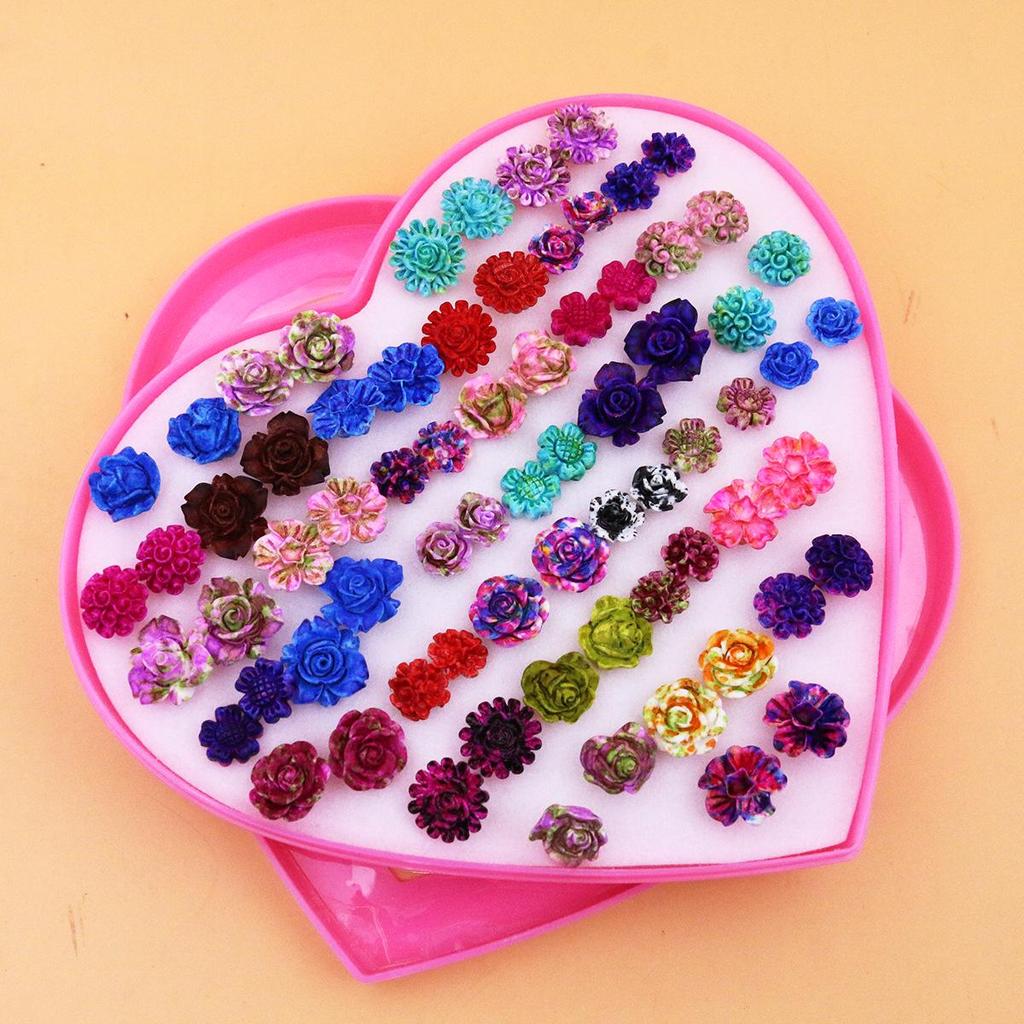 Gift Box: 36 Pairs of Mixed Style Spray Paint Resin Flower Stud Earrings with Bowknot