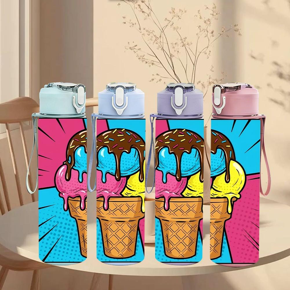 1PC Ice Cream Cone Pop Comic Burst Background 750ml Color Plastic Sports Water Bottle Leakproof Flip Straw Lid Suitable for Sports Office Home Use