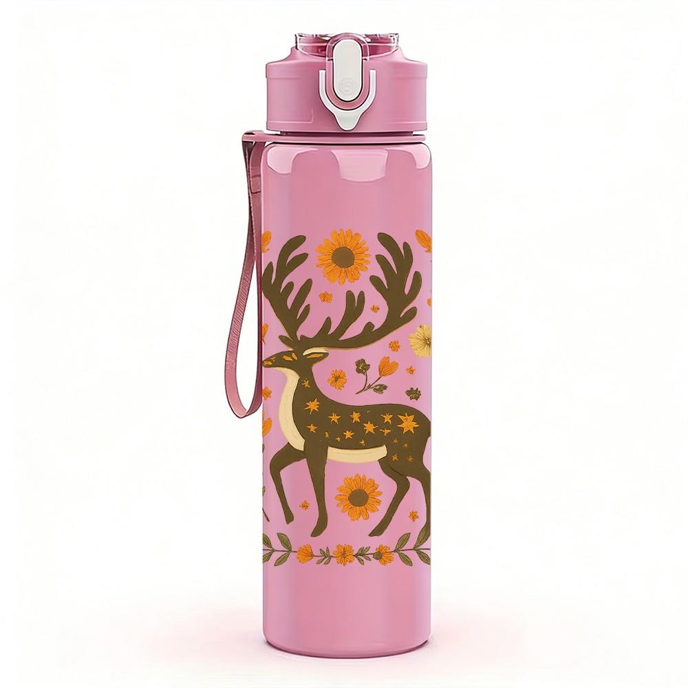 1PC Floral Stag Deer Art 750ml Color Plastic Sports Water Bottle Leakproof Flip Straw Lid Suitable for Sports Office Home Use