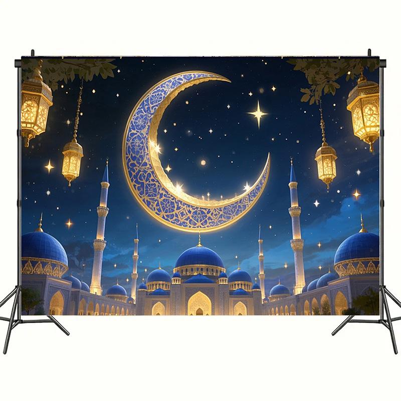 Romantic Starry Sky Theme,EID Al Adha Background Cloth with Crescent Moon,Mosque,Lantern Design,Festive Party Celebrations
