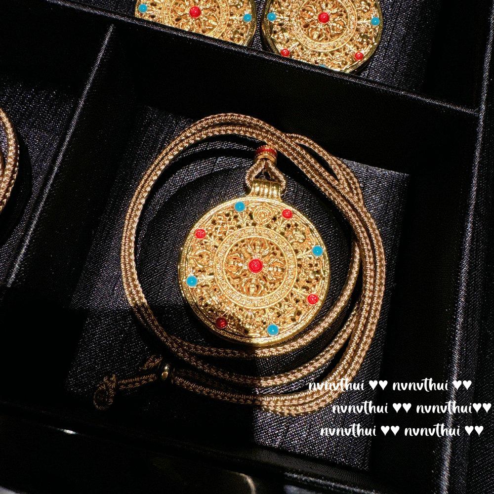Gold Cloisonné Pendant Necklace & Auspicious Gourd Bracelet with Eight Treasures Design