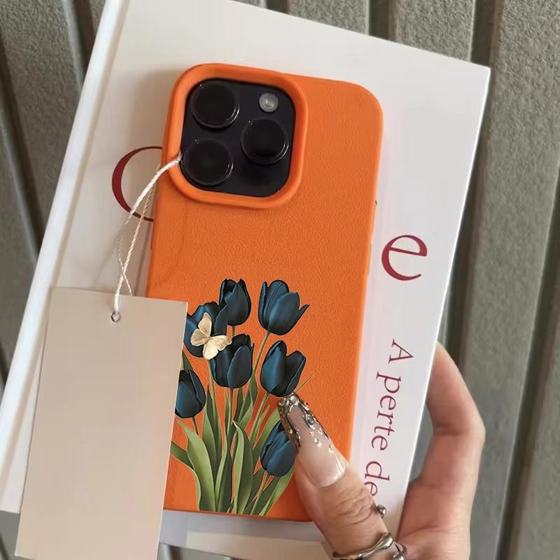 

Blue Black Tulip Butterfly Pattern Phone Case For iPhone 17 Pro Max 16 Plus 15 Pro 14 13 12 11 XR 17Air Lychee Textur Soft Cover iPhone XS Max оранжевый
