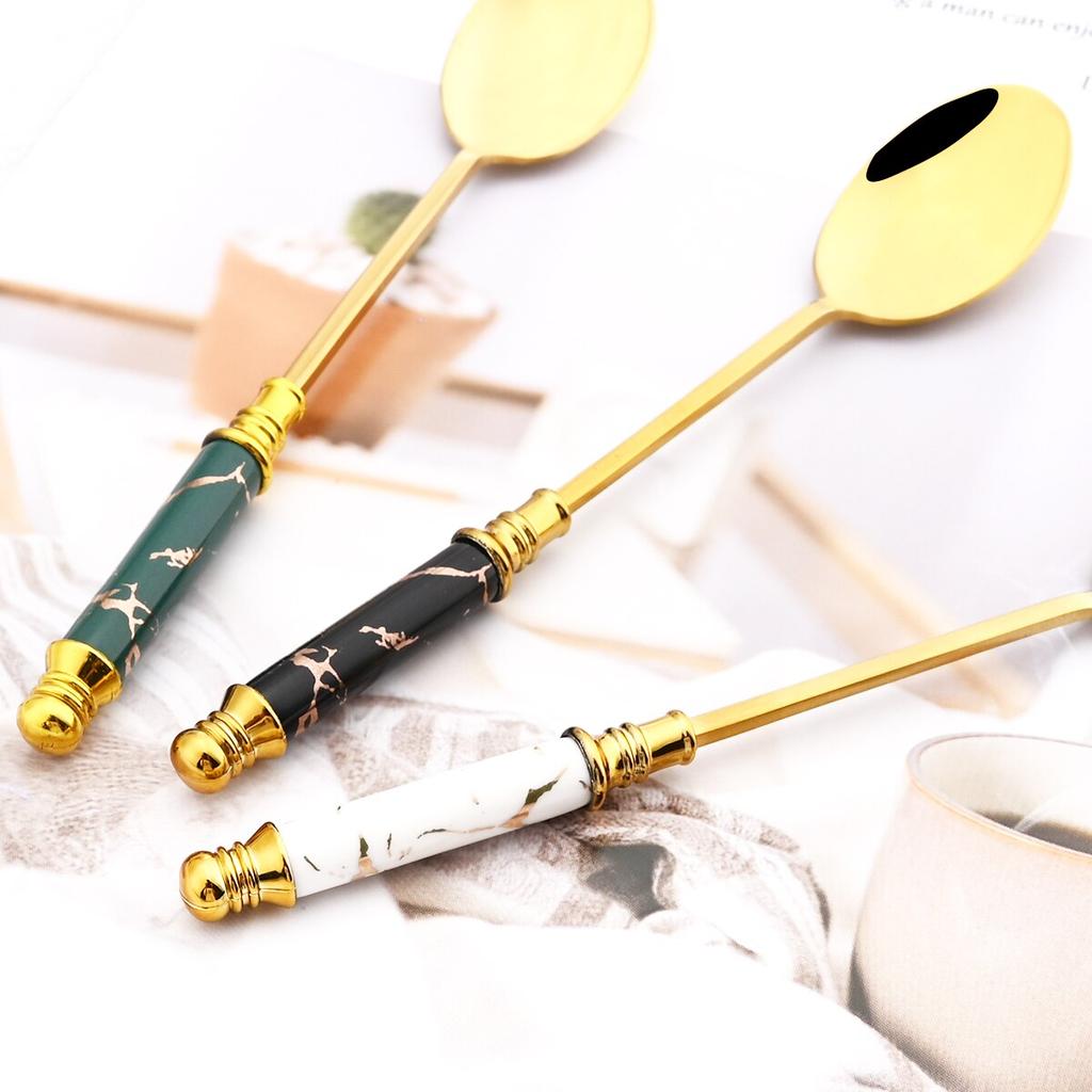 2 vnt Aukso Juodo Kūrybinio marmurinio kavos šaukštų rinkinys Nerūdijančio plieno mažų šaukštų stalo reikmenys Virtuvės sidabro reikmenys