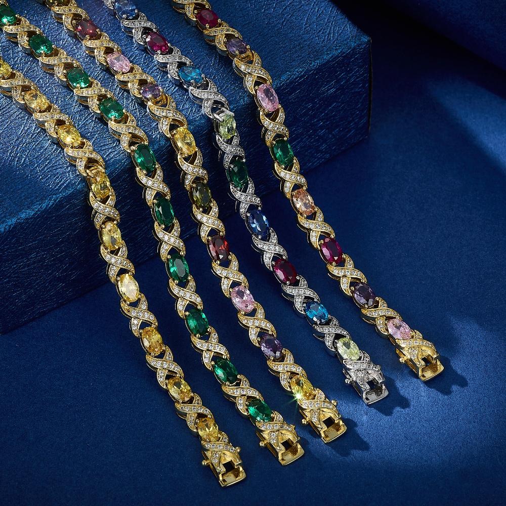 Ins Style Oval Zirkon X Form Multicolor Armbänder Hochzeit 14K Gold Überzogene Kupfer Bunte Zirkonia Armband