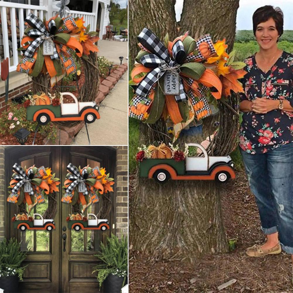 40CM Fall Pumpkin Cart Wreath Pendant Halloween Pumpkin Truck Garland for Front Door Windows Farmhouse Theme Festive Party Decor