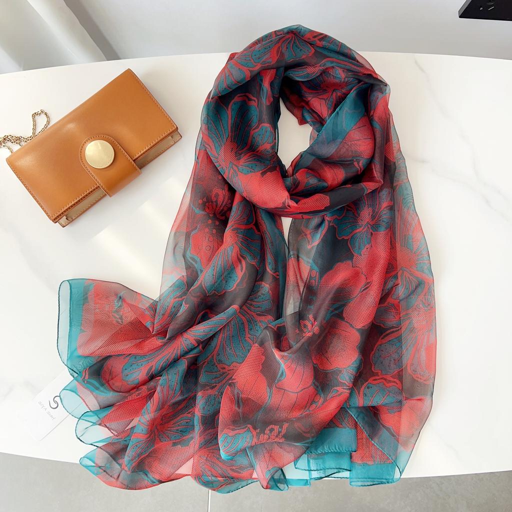Elegant Flower Print Scarf Thin Smooth Mulberry Silk Shawl Casual Outdoor Sunscreen Windproof Scarf, Mulberry Silk, Very Light Fabric
