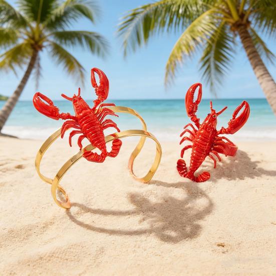 2Pcs Women Bracelet Ring 3D Simulated Crayfish Decor Bracelet Opening Adjustable Finger Band Jewelry Gift