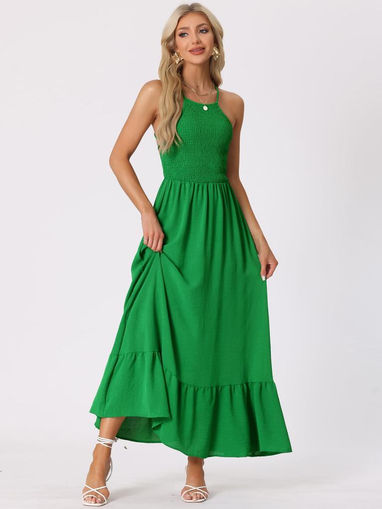 Allegra K Women's Solid Smock Halter Neck Backless Sleeveless Summer Maxi Dress, Green, Size S