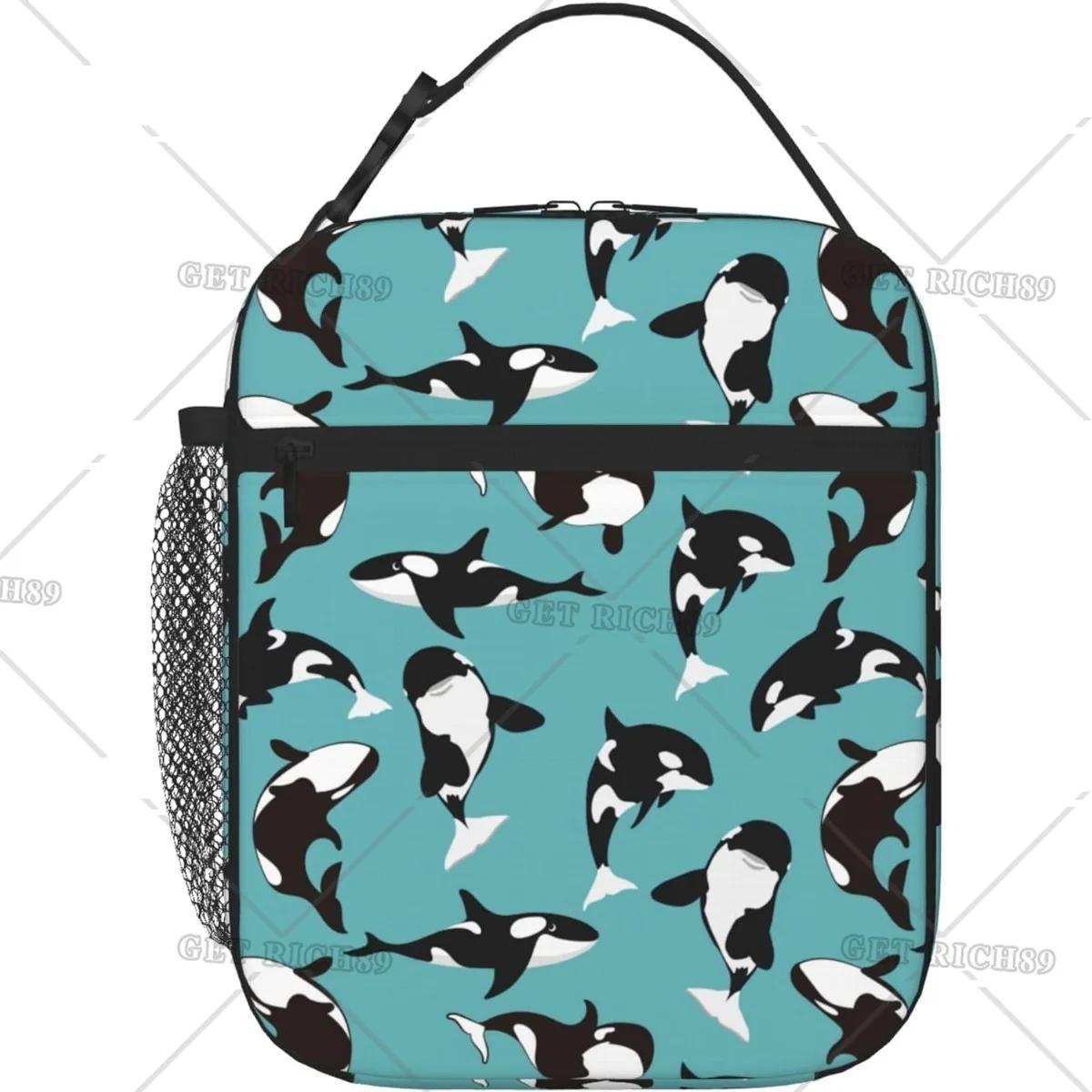 

Мультяшный косатка многоразовые изолированные сумки-холодильники для обедов для мужчин и женщин герметичная большая сумка-тоут для обеда сумка для закусок с карманом 26x21x11CM чёрный