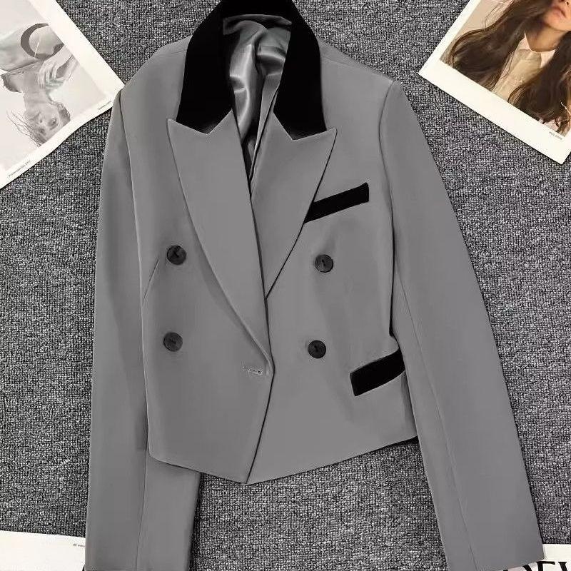 Spring Autumn Fashion Short Gray Blazer for Women Slim Fit Casual Trendy Office Wear