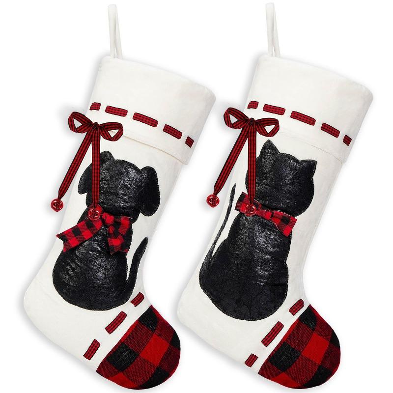 1PCS Polyester Christmas Socks with Black Cat Dog Design Creative Hanging Gift Pouch for Candy Tree Decor Household Supplies