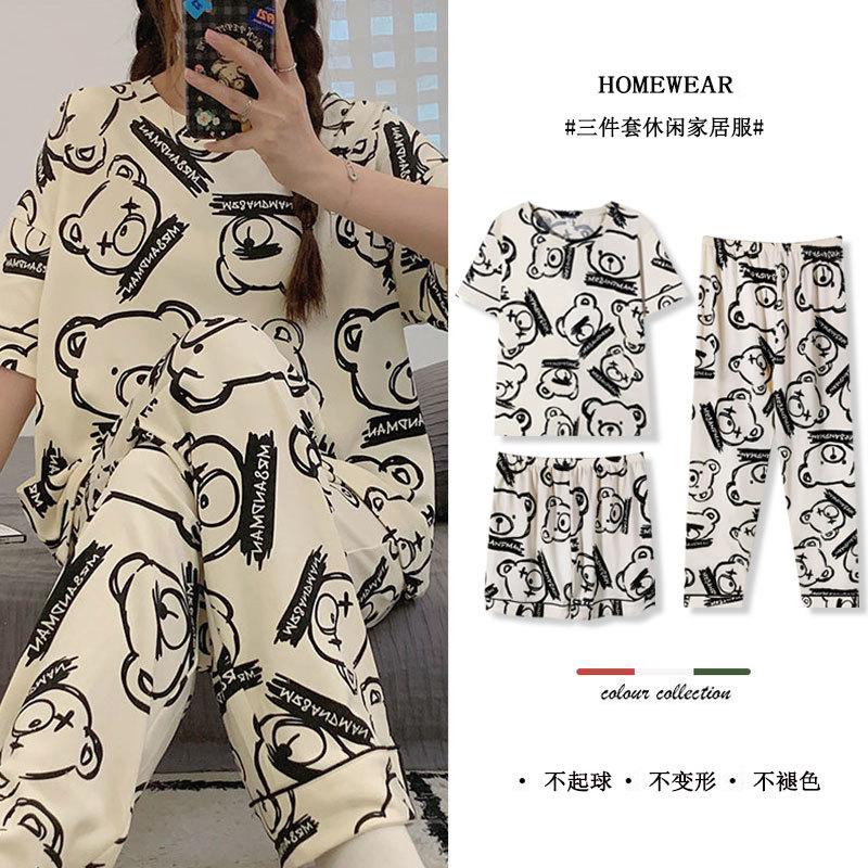Summer new pajamas female cute cartoon short sleeves short trousers women's casual loungewear three-piece set