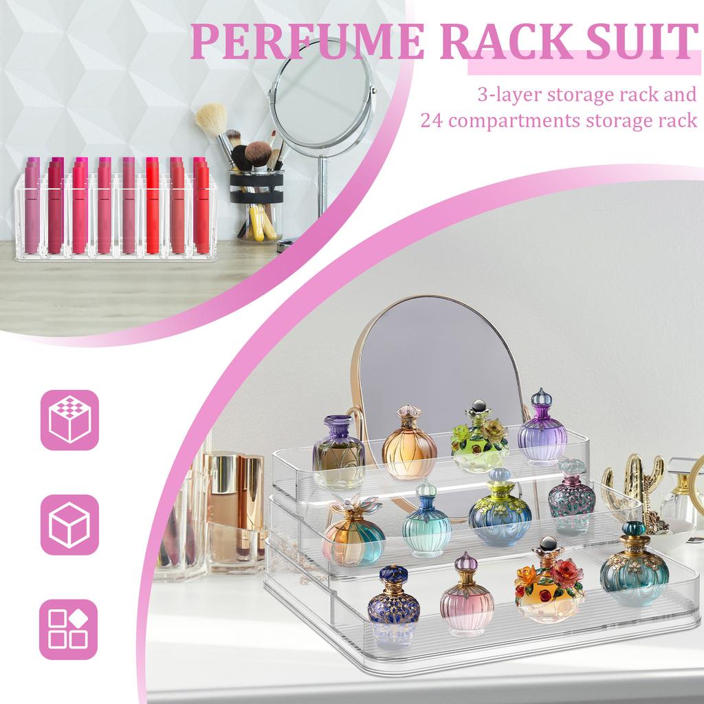 3 Tier Clear Display Riser Stand and 24 Slots Lipstick Organizer Set Acrylic Perfume Display Step Shelf Cosmetics Storage Rack