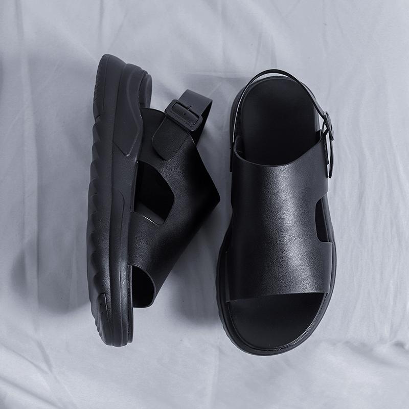 Fashion Men Sandals Summer 2025 New Casual Leather Outdoor Walking Shoes Non-slip Open-toe Platform Sandals Comfy Soft Roman Slides