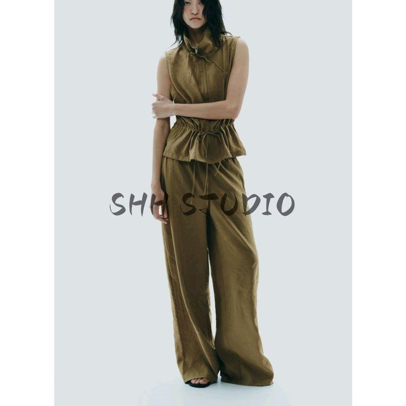 Summer Women's Stand Collar Sleeveless Adjustable Drape Vest 5427716 Drape Mid Waist Loose Pants 1255515