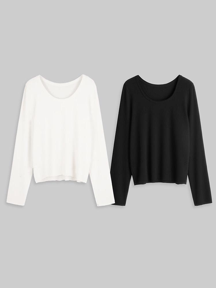 Peachzhou Mousse Elastic Three-Layer Raw-Edge Collar Casual Loose Wide Round Neck Long Sleeve Base Layer