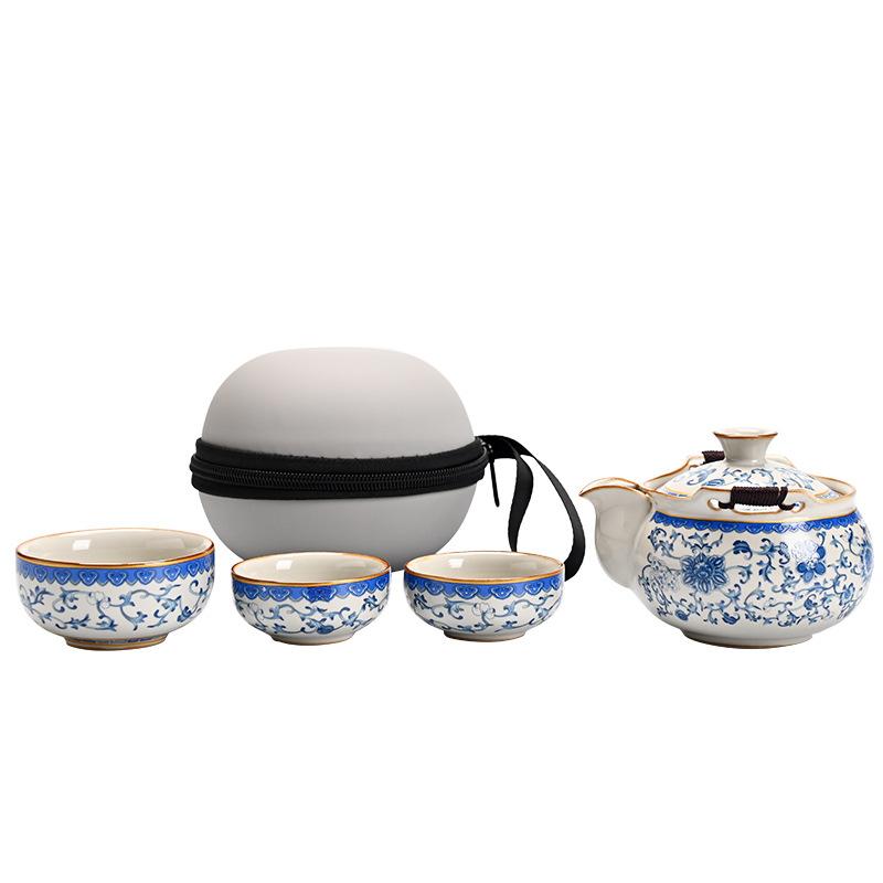Ru kiln twisted branch lotus, a pot of three cups of travel tea set, a complete set of express cup outdoor portable bag, brewing teapot