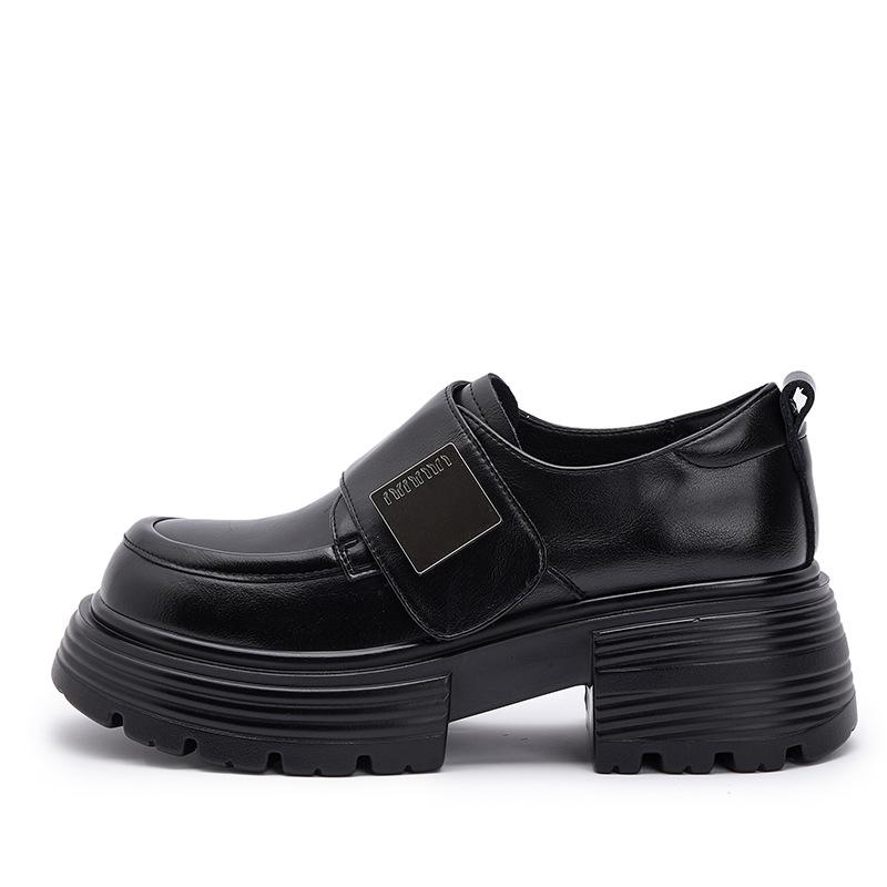 Loafers women's 2025 autumn new thick-soled Velcro versatile casual height increase black small leather shoes women's anti-wear feet