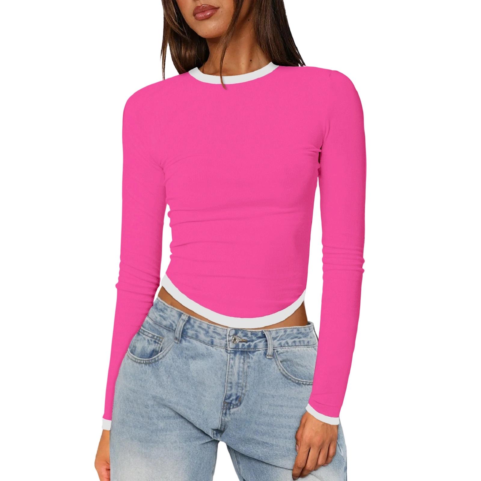 

Women s Long-Sleeve Slim-Fit Color Block Crop Base Layer Top M