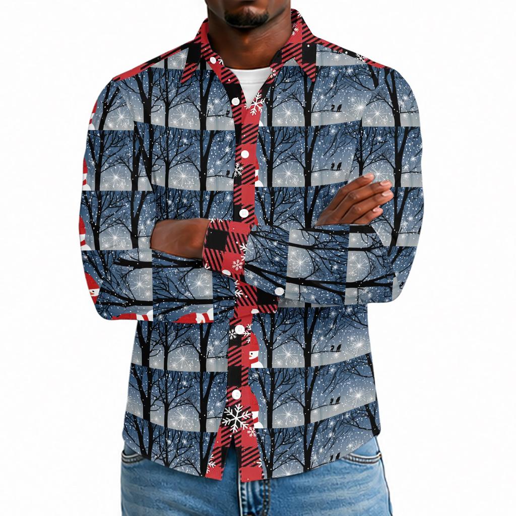 Men's Casual Long Sleeve Shirt with Christmas Print for Holiday Party and Fall