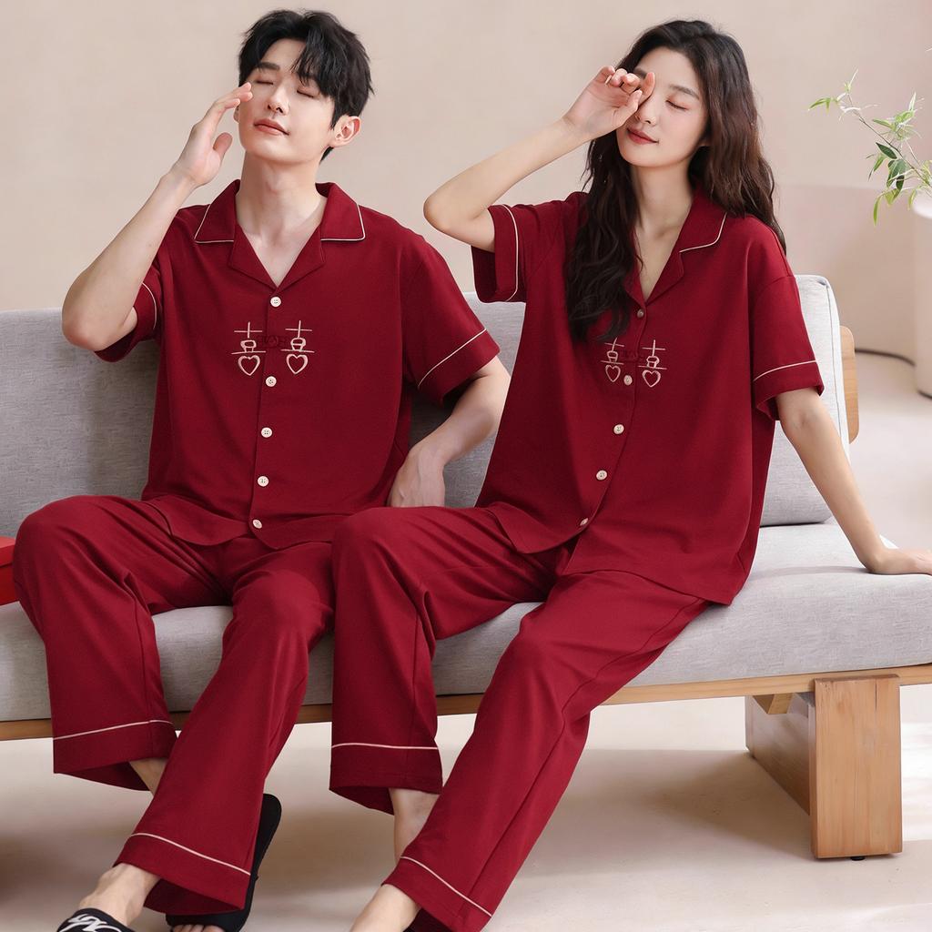 Happy button~ Summer pure cotton wedding couple pajamas red short-sleeved trousers newlywed men's and women's loungewear set