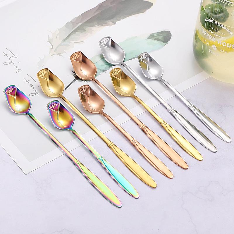Colorful Rose Flower Stainless Steel Stirring Spoon - Long Handle for Coffee, Dessert & Ice Cream