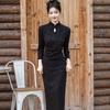 Black Chinese-Inspired Long Sleeve Cheongsam Dress Women Vintage Fit Winter Formal Wear Plus Size Available