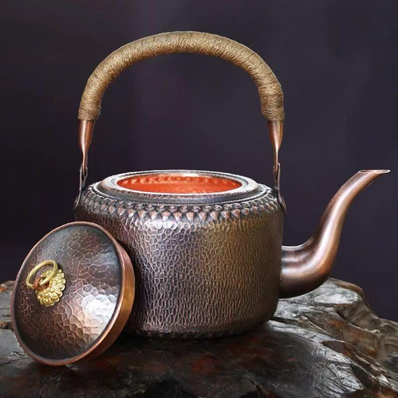 Vintage Copper Coffee Pot,Handheld Hammer Texture Weave 5 Liters With Lid Heat Resistant Filter Water Kettle,Handcrafted Teapot