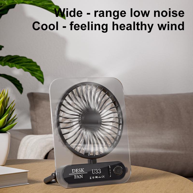 USB Rechargeable Transparent Desktop Fan with Digital Display, Silent Operation, and Three Speed Settings 134.5*60*170mm