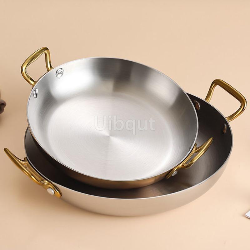 Stainless Steel Spanish Paella Pan Big Double Handle Round Flat Bottom Pan Western Restaurant Fried Chicken Pasta Plate Cookware