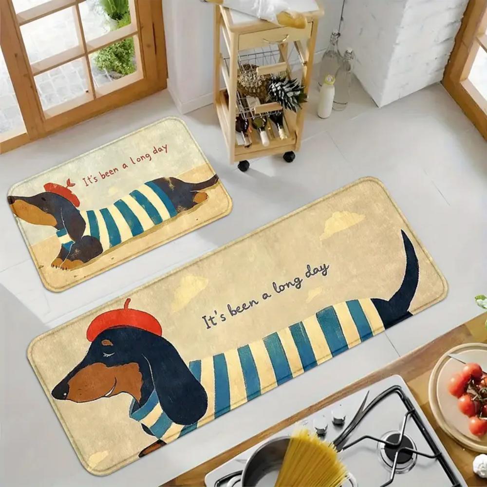 VIKAMA Niedliche Dackel Hundematte Rutschfeste Eingangsfußmatte für Küche, Flur, Balkon, Langgestreifter Teppich zur Heimdekoration