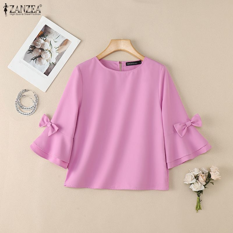 ZANZEA Women Casual Round Neck Loose 3/4 Sleeve Blouse