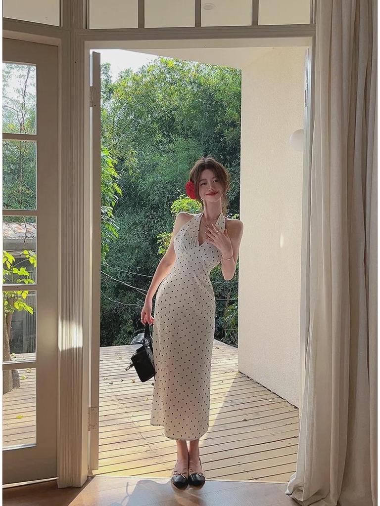 2024 Korean-French Style Backless Lace-Up Polka Dot Halter Neck Long A-Line Summer Dress