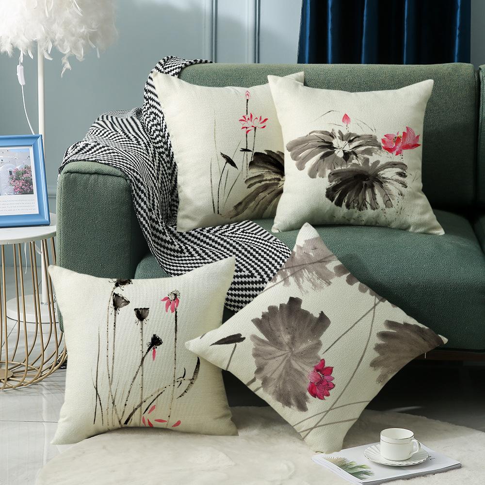 Chinese Style Series Ink Flower and Grass Print Pillow Linen Print New Chinese Style Home Sofa Pillow Living Room Bedroom