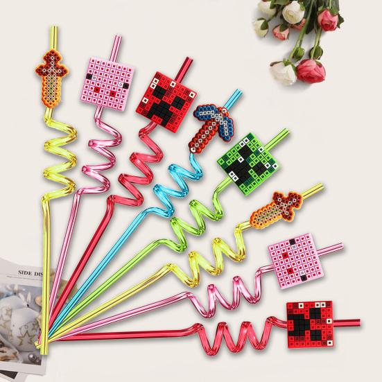 5Pcs Drinking Straws Food Grade BPA Free Smooth Edge Pixel Themed