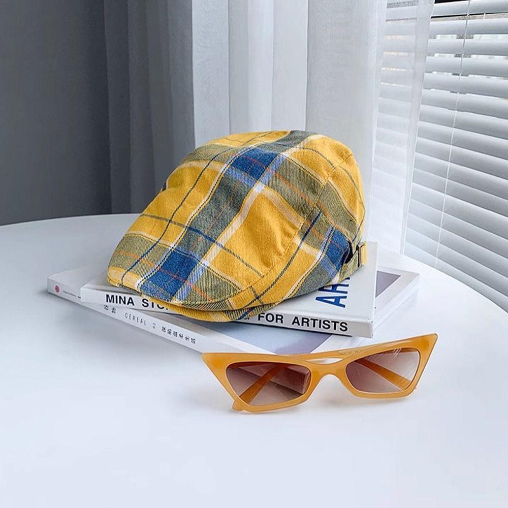 Cotton Lattice Sun Hat Dopamine Style Flat Peaked Cap Elegant Plaid Beret Hat  Travel