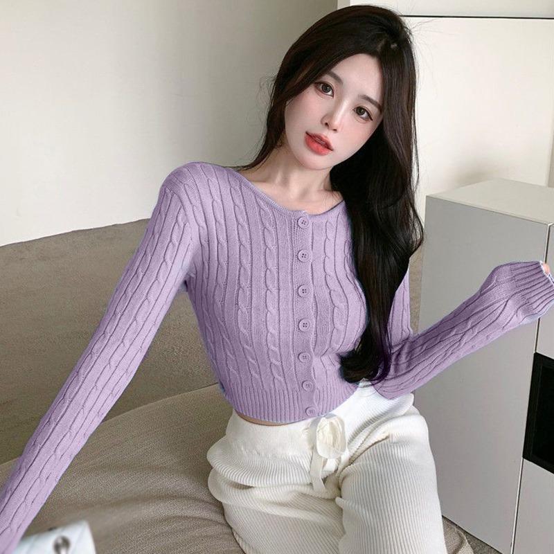 

Трикотажный кардиган Женское пальто с длинным рукавом Круглый вырез Корейский свитер Винтаж Тонкий Короткие топы Весна