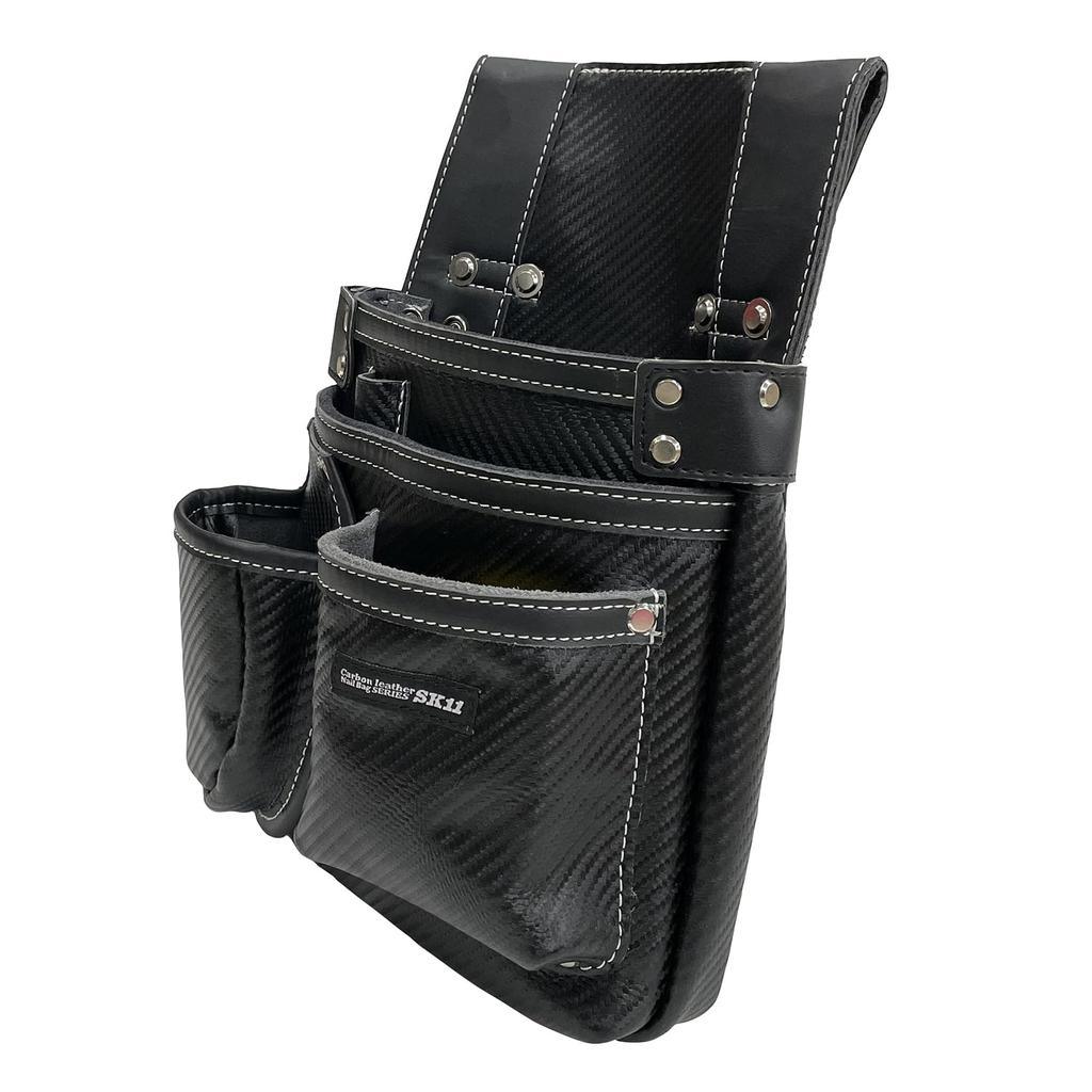 SK11 Carbon Leather Nail Pouch, Black, Genuine Cowhide Leather, Belt Loop with Slit, Ink Pot Pocket (SK-CLK-SP)