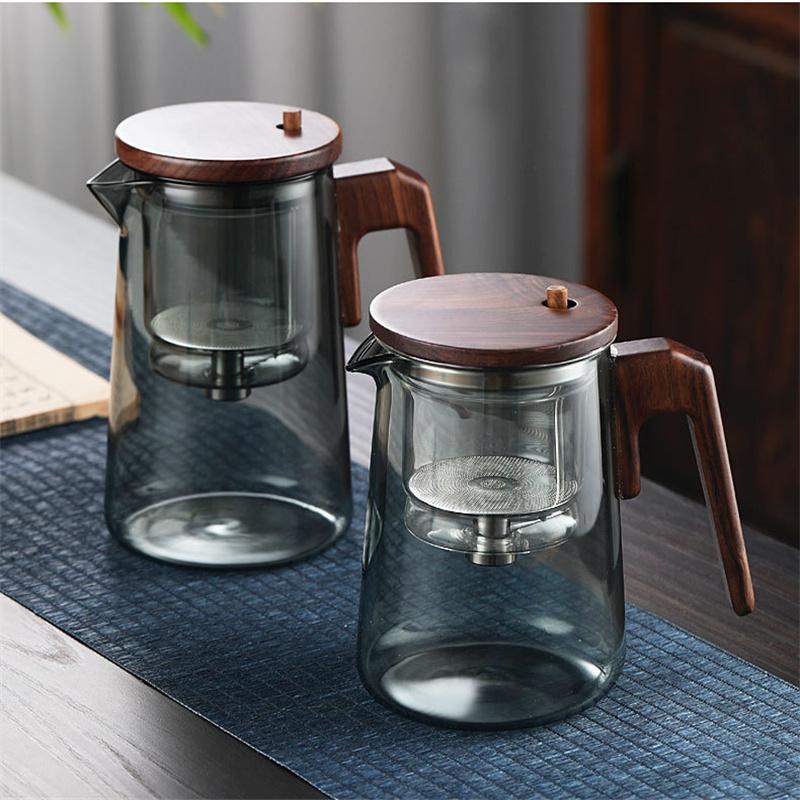 One Click Tea Separation Filtration Glass Teapots With Wood Handle Tea Water Separation Inner Container Tea Pot With Infuser