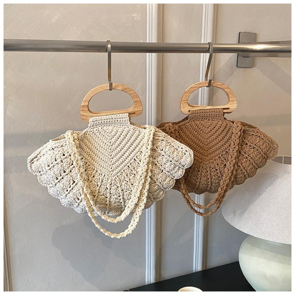 Casual Shell Shape Crochet Woven Bag Large Capacity Boho Wooden Handle Shoulder Bag Handmade Solid Color Underarm Bag Beach