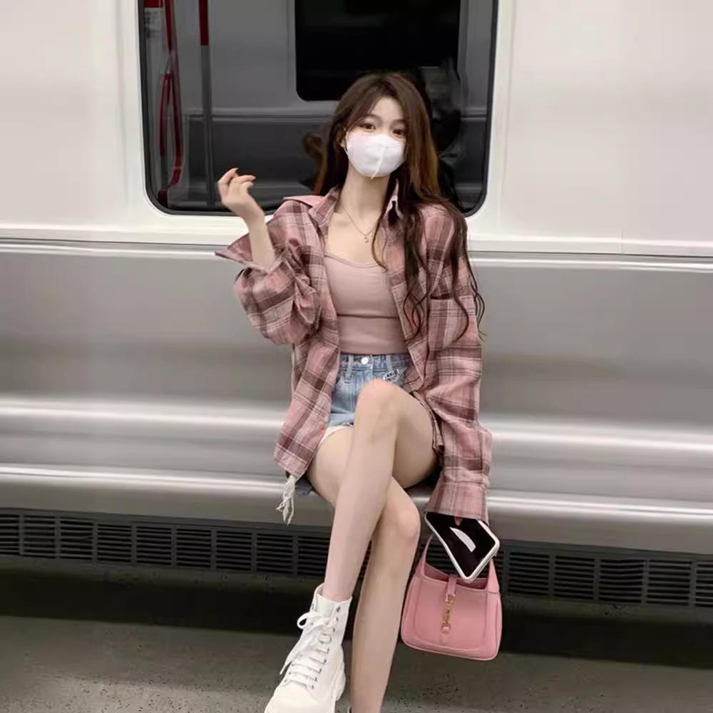 Women's Pink Plaid Polo Collar Shirt Jacket - 2024 Summer, Mid-Length, Sun Protection, Long Sleeve Top