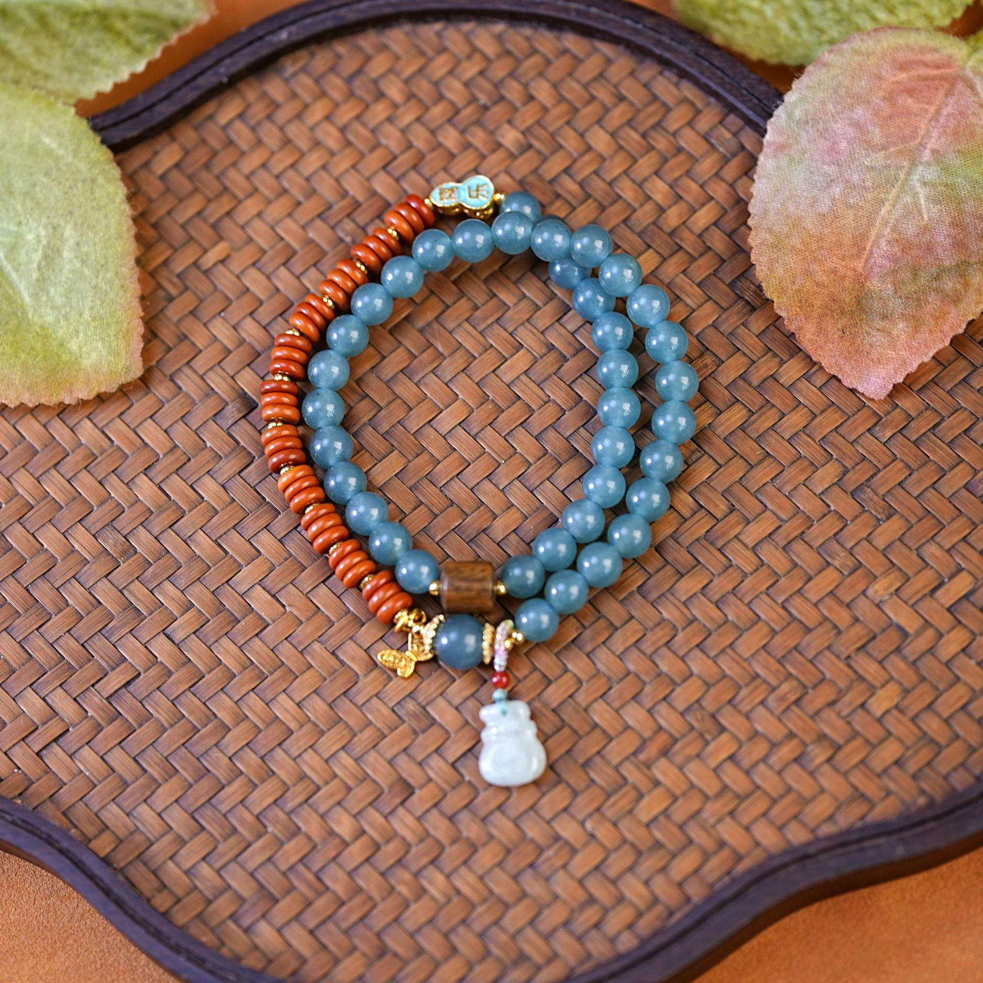 

Blue Jade Gourd Pendant Bracelet - Women s Retro Chalcedony Beaded Jewelry