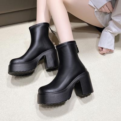 Lucyever Damen Klobige Hohe Absätze Stiefeletten PU Leder Dicke Plateau Gothic Stiefeletten Frau Reißverschluss hinten Kurze Stiefel Weiblich 42