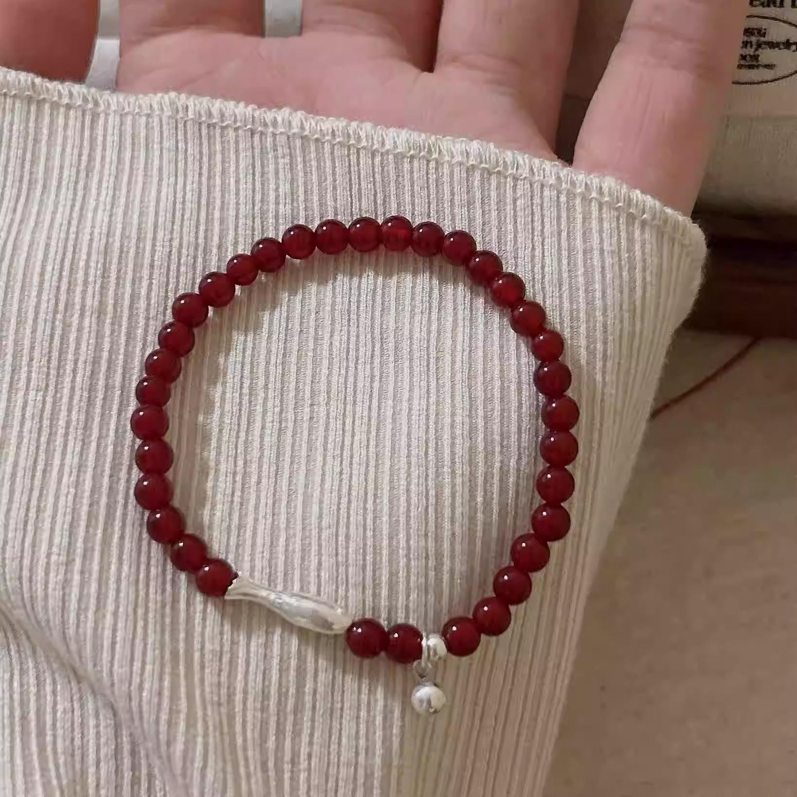 New Chinese Style Light Luxury High-end Feeling Red Agate Brocade Carp Silver Bead Simple and Versatile Stacked Bead Bracelet SL0138