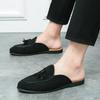 New Men Green Black Half Slippers Driving Shoes Man Casual Patent Leather Suede Mules Moccasins Loafers Shoes for Men