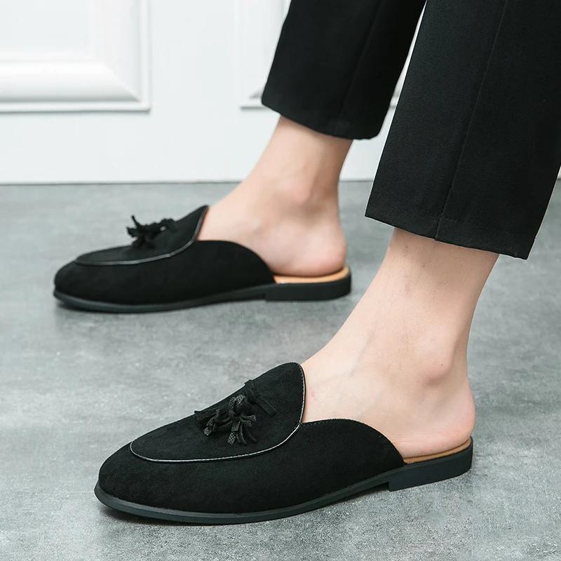 New Men Green Black Half Slippers Driving Shoes Man Casual Patent Leather Suede Mules Moccasins Loafers Shoes for Men