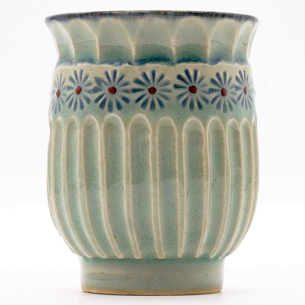 Minoru Small Green Mishima Made In Japan Maeken, Kyo-yaki, Kiyomizu-yaki, Ando, Teacup, Glaze, Carving,