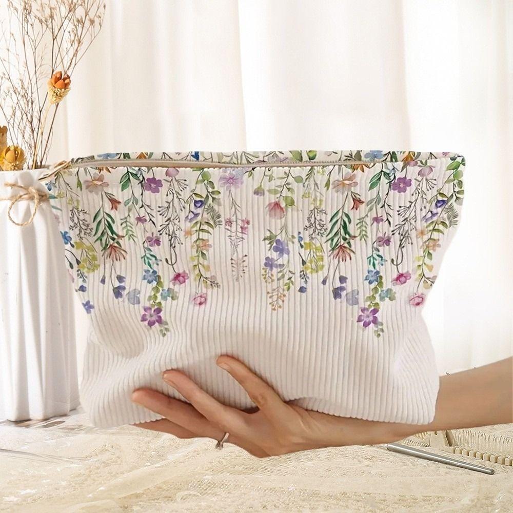 New Portable Floral Cosmetic Bag Corduroy Lightweight Zipper Makeup Organizer Multifunctional Large Capacity Storage Bag Travel