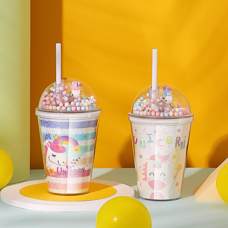 Double Layers Plastic Water Bottle With Straw Bubble Unicorn Lid Korean Style Creative Gift Mug For Milk Coffee Tea Handy Cup